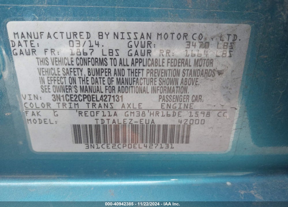2014 NISSAN VERSA NOTE SV VIN: 3N1CE2CP0EL427131