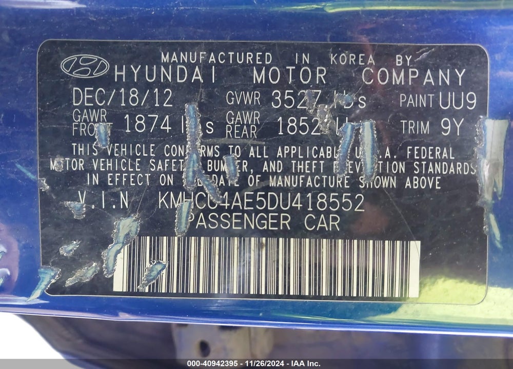 2013 HYUNDAI ACCENT GLS VIN: KMHCU4AE5DU418552