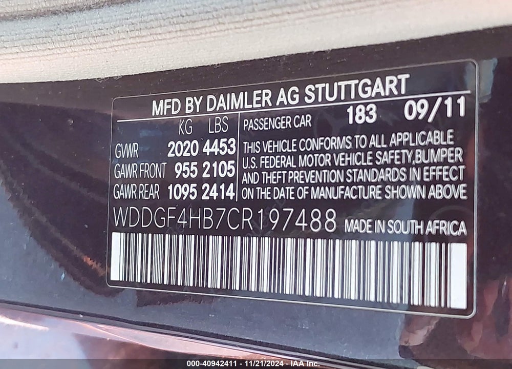 2012 MERCEDES-BENZ C 250 LUXURY/SPORT VIN: WDDGF4HB7CR197488