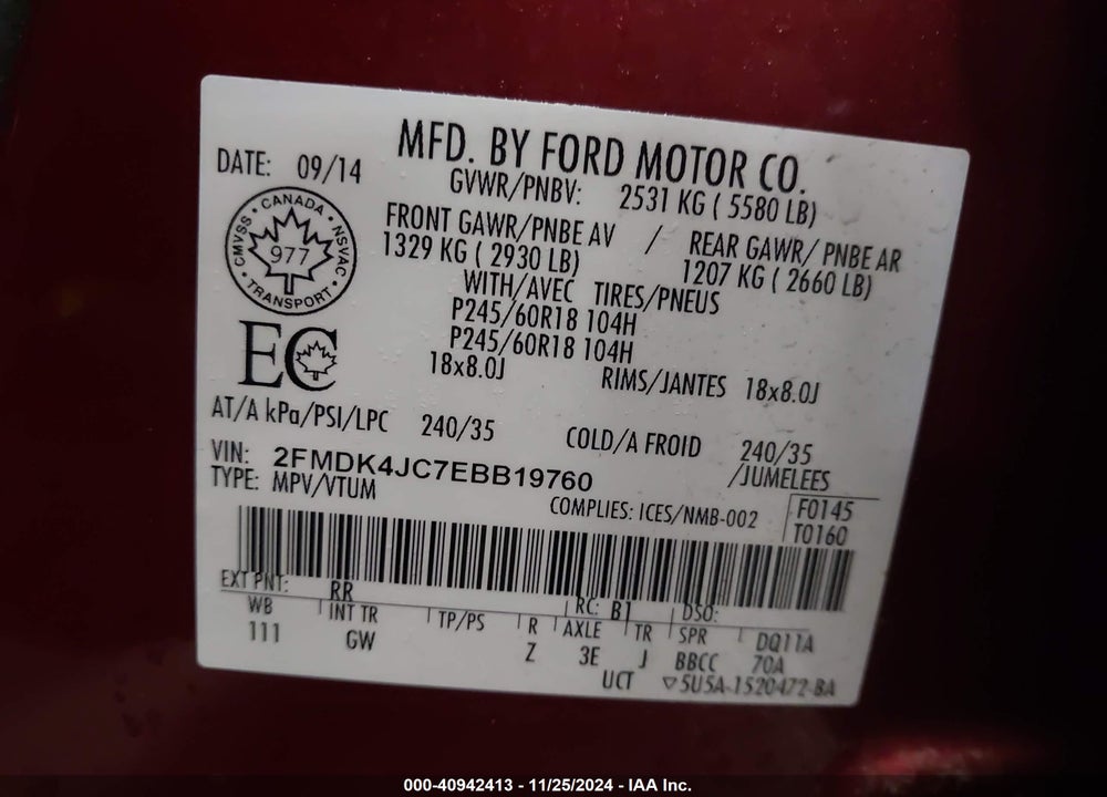 2014 FORD EDGE SEL VIN: 2FMDK4JC7EBB19760