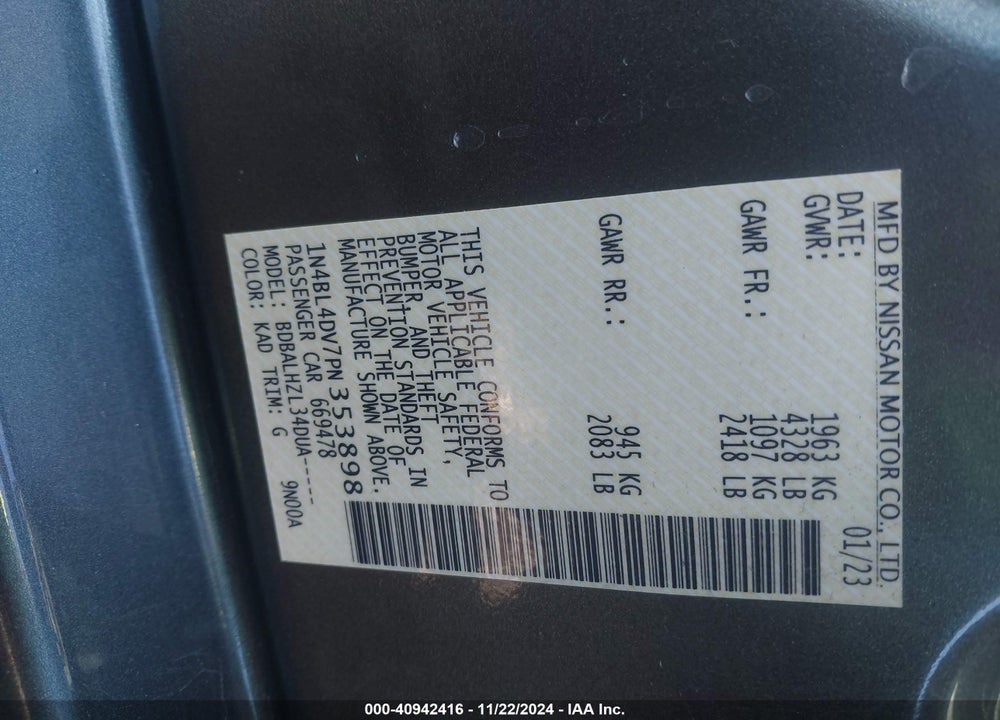 2023 NISSAN ALTIMA SV FWD VIN: 1N4BL4DV7PN353898
