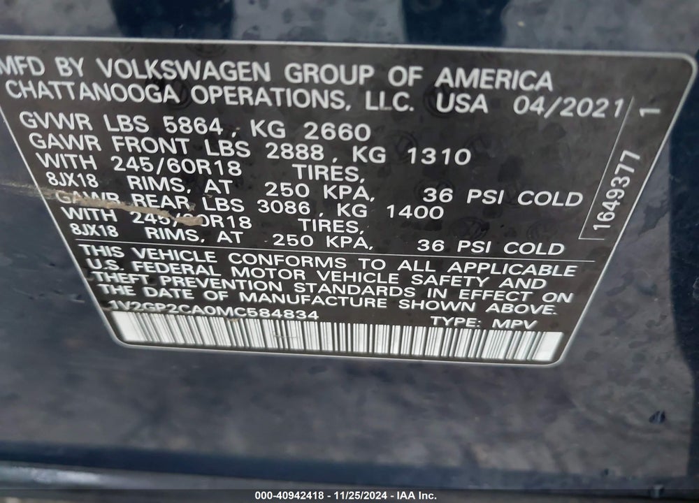2021 VOLKSWAGEN ATLAS 2.0T S VIN: 1V2GP2CA0MC584834