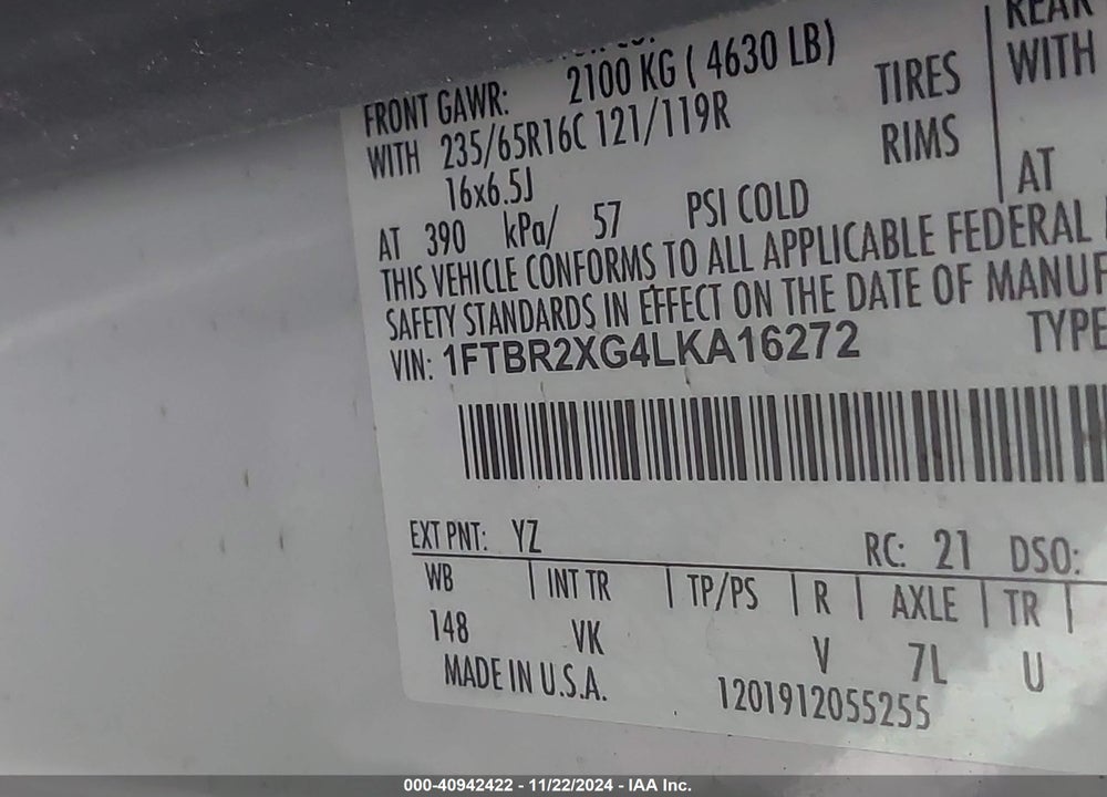 2020 FORD TRANSIT-250 CARGO VAN VIN: 1FTBR2XG4LKA16272