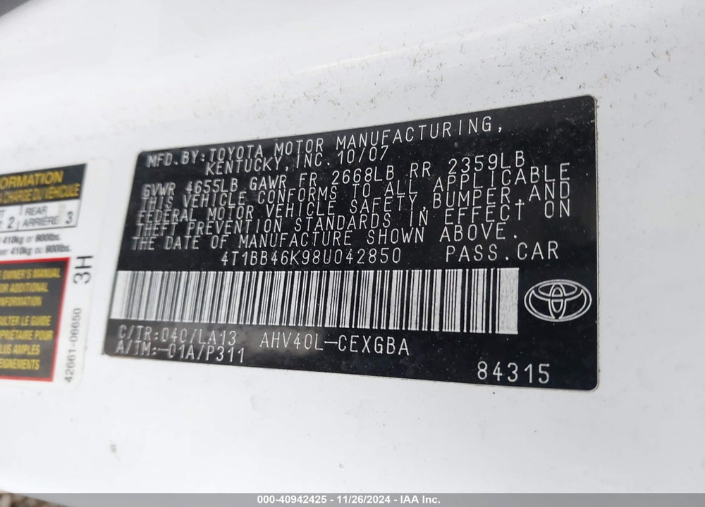 2008 TOYOTA CAMRY HYBRID VIN: 4T1BB46K98U042850