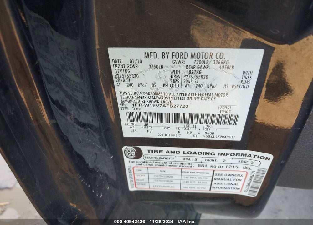 2010 HARLEY-DAVIDSON FORD F-150 FX4//KING RANCH/LARIAT/PLATINUM/XL/XLT VIN: 1FTFW1EV7AFB27720