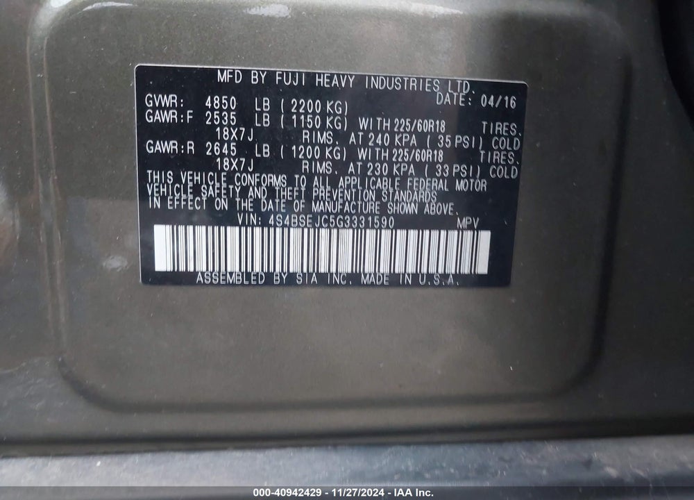 2016 SUBARU OUTBACK 3.6R LIMITED VIN: 4S4BSEJC5G3331590