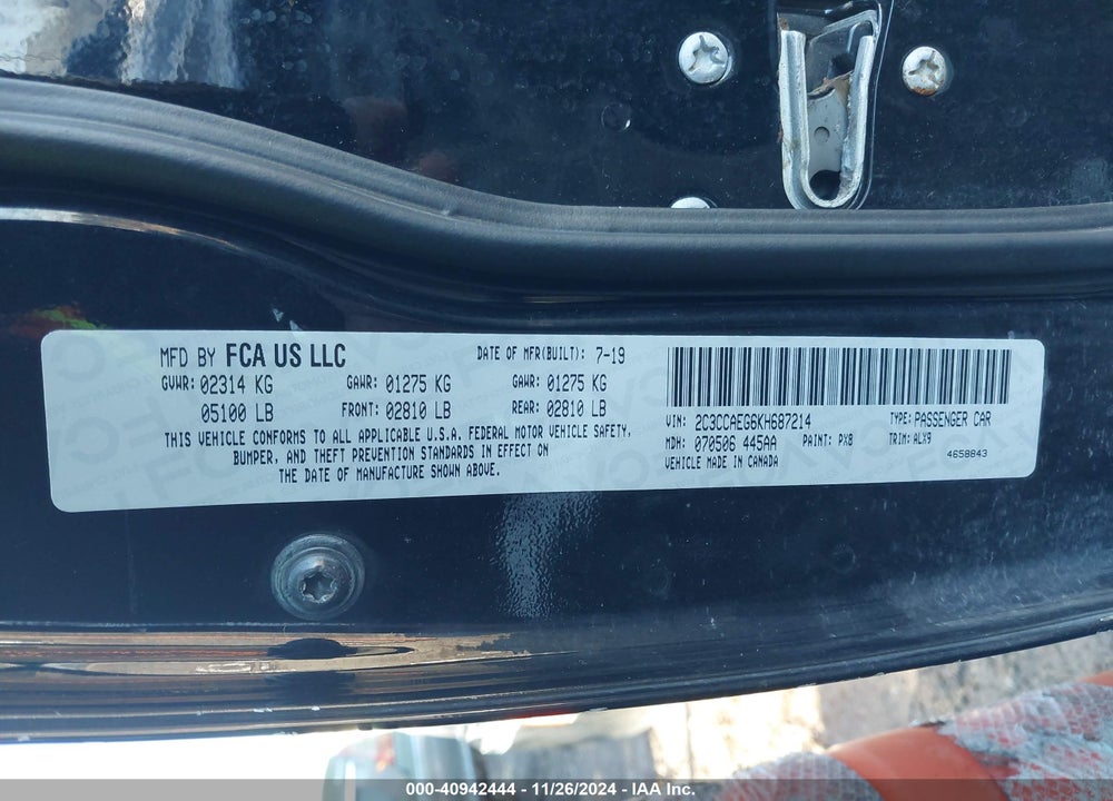 2019 CHRYSLER 300 LIMITED VIN: 2C3CCAEG6KH687214