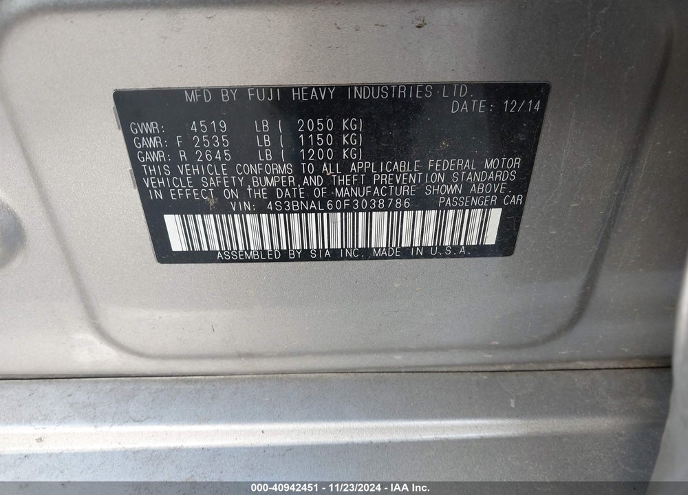 2015 SUBARU LEGACY 2.5I LIMITED VIN: 4S3BNAL60F3038786