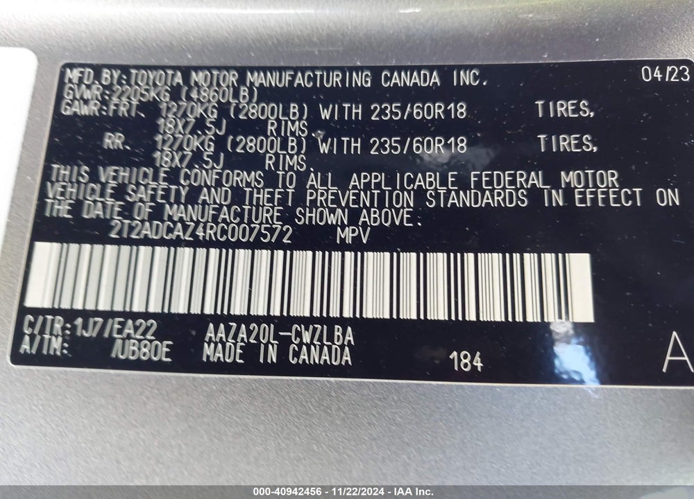 2024 LEXUS NX 250 VIN: 2T2ADCAZ4RC007572