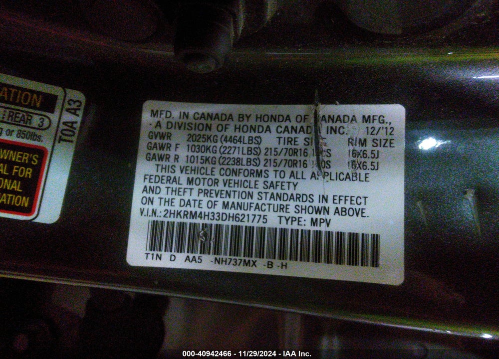 2013 HONDA CR-V LX VIN: 2HKRM4H33DH621775