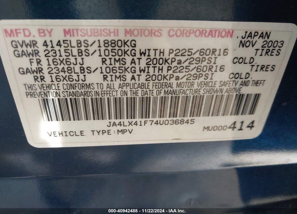 2004 MITSUBISHI OUTLANDER XLS VIN: JA4LX41F74U036845