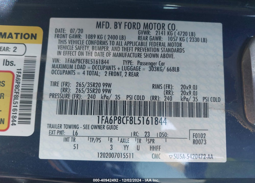 2020 FORD MUSTANG GT PREMIUM VIN: 1FA6P8CF8L5161844