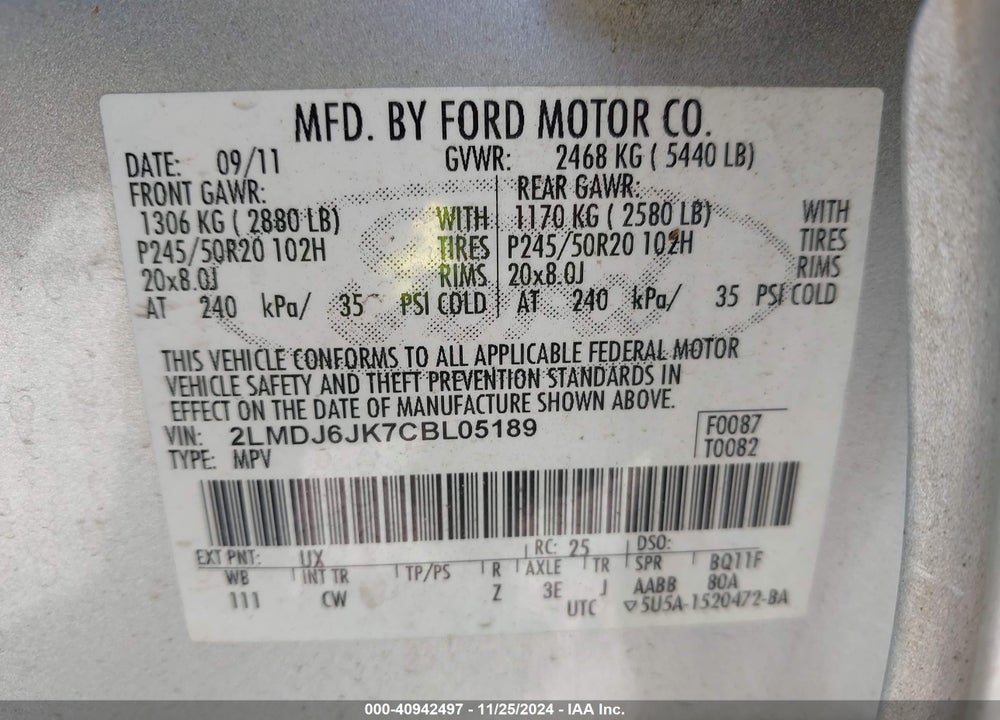 2012 LINCOLN MKX VIN: 2LMDJ6JK7CBL05189