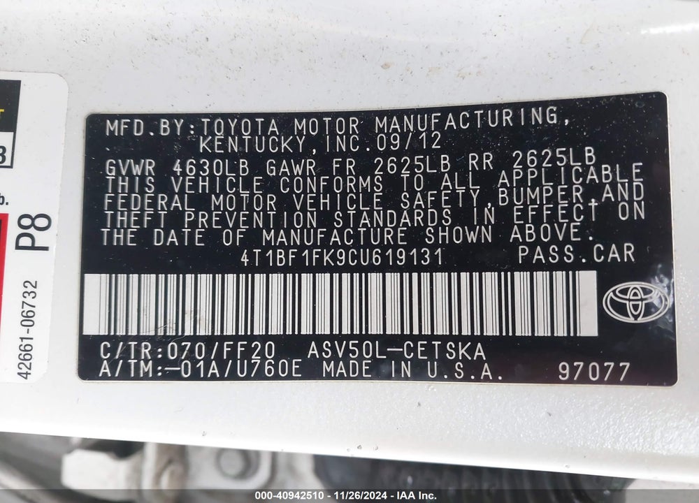 2012 TOYOTA CAMRY L/LE/SE/SE LIMITED EDITION/XLE VIN: 4T1BF1FK9CU619131