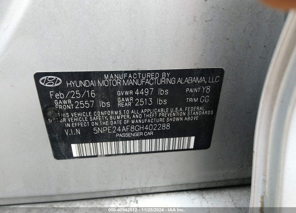 2016 HYUNDAI SONATA VIN: 5NPE24AF8GH402288