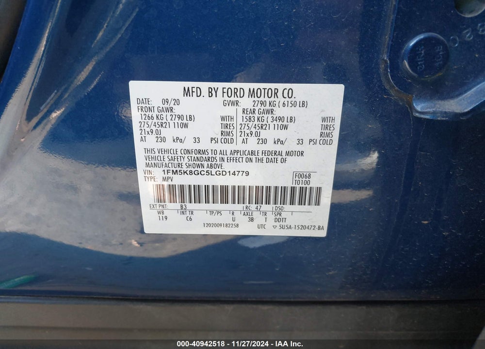 2020 FORD EXPLORER ST VIN: 1FM5K8GC5LGD14779
