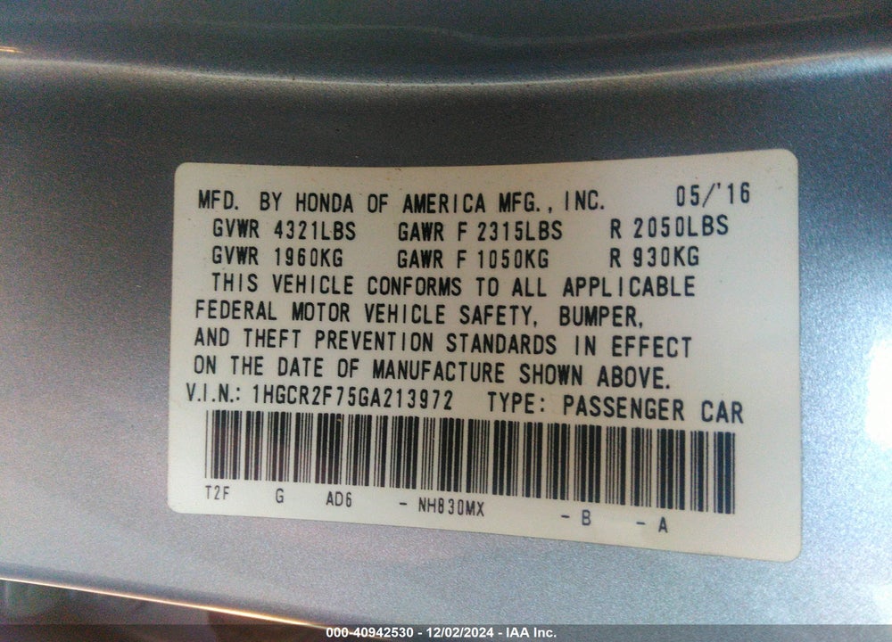 2016 HONDA ACCORD EX VIN: 1HGCR2F75GA213972