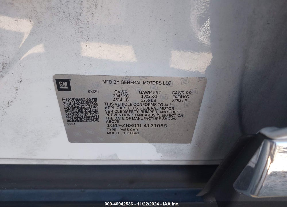 2020 CHEVROLET BOLT EV FWD PREMIER VIN: 1G1FZ6S01L4121058