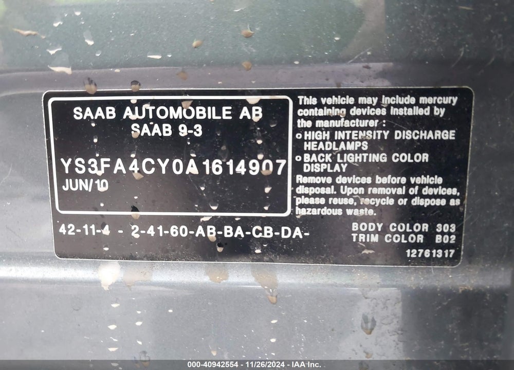 2010 SAAB 9 3 VIN: YS3FA4CY0A1614907