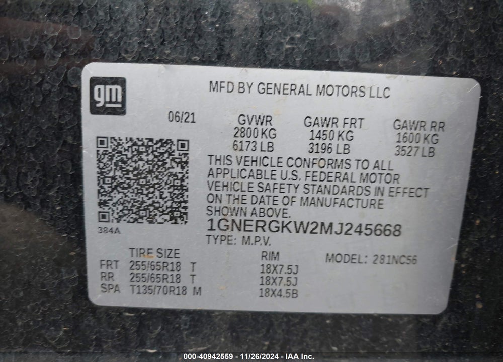 2021 CHEVROLET TRAVERSE FWD LT CLOTH VIN: 1GNERGKW2MJ245668