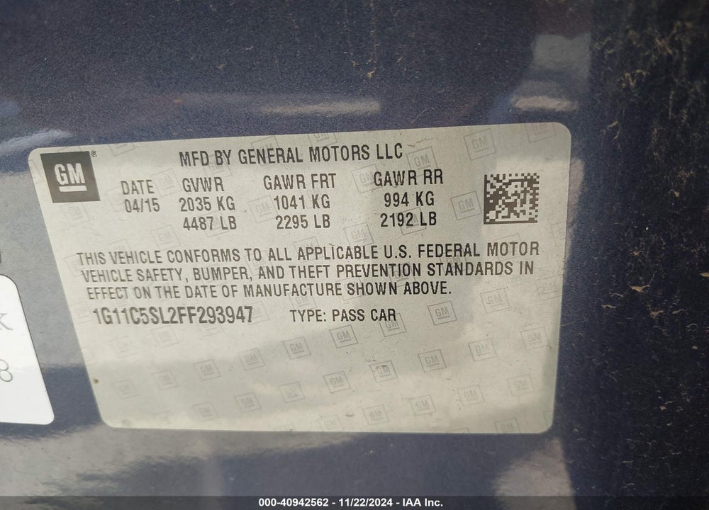 2015 CHEVROLET MALIBU 1LT VIN: 1G11C5SL2FF293947