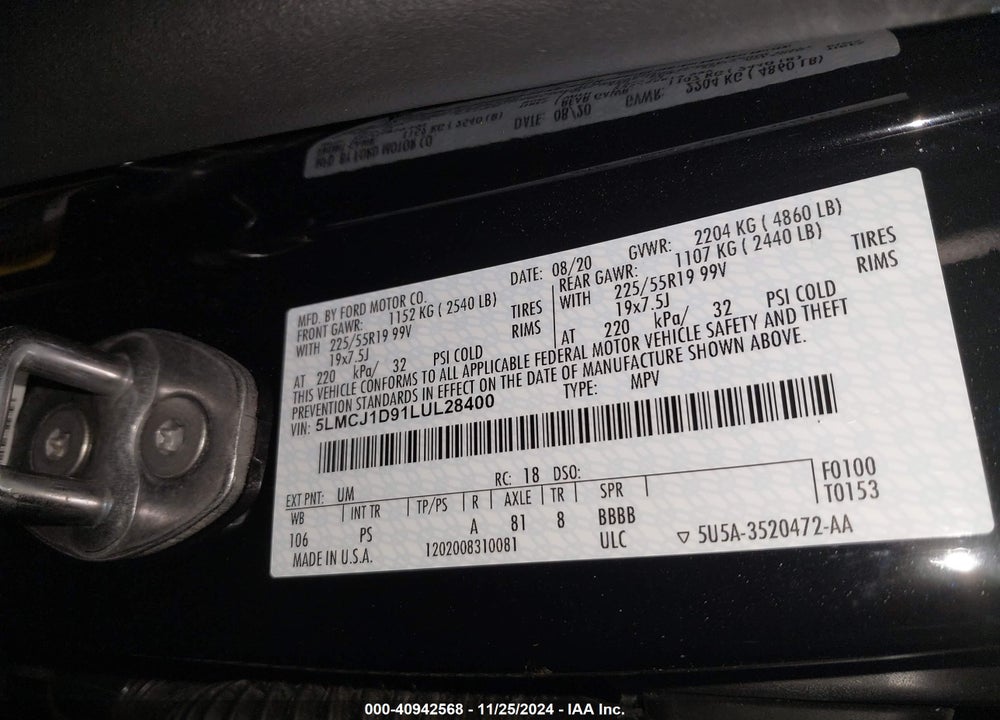 2020 LINCOLN CORSAIR STANDARD VIN: 5LMCJ1D91LUL28400