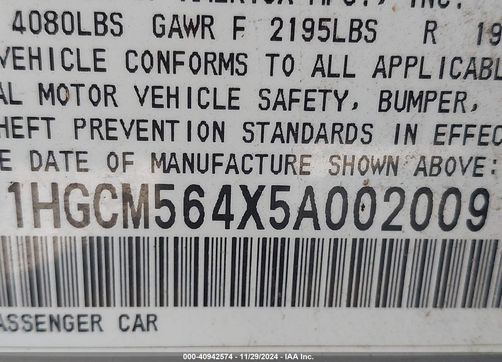 2005 HONDA ACCORD 2.4 LX VIN: 1HGCM564X5A002009