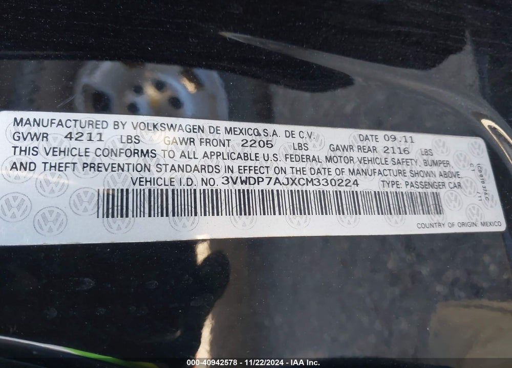 2012 VOLKSWAGEN JETTA 2.5L SE VIN: 3VWDP7AJXCM330224