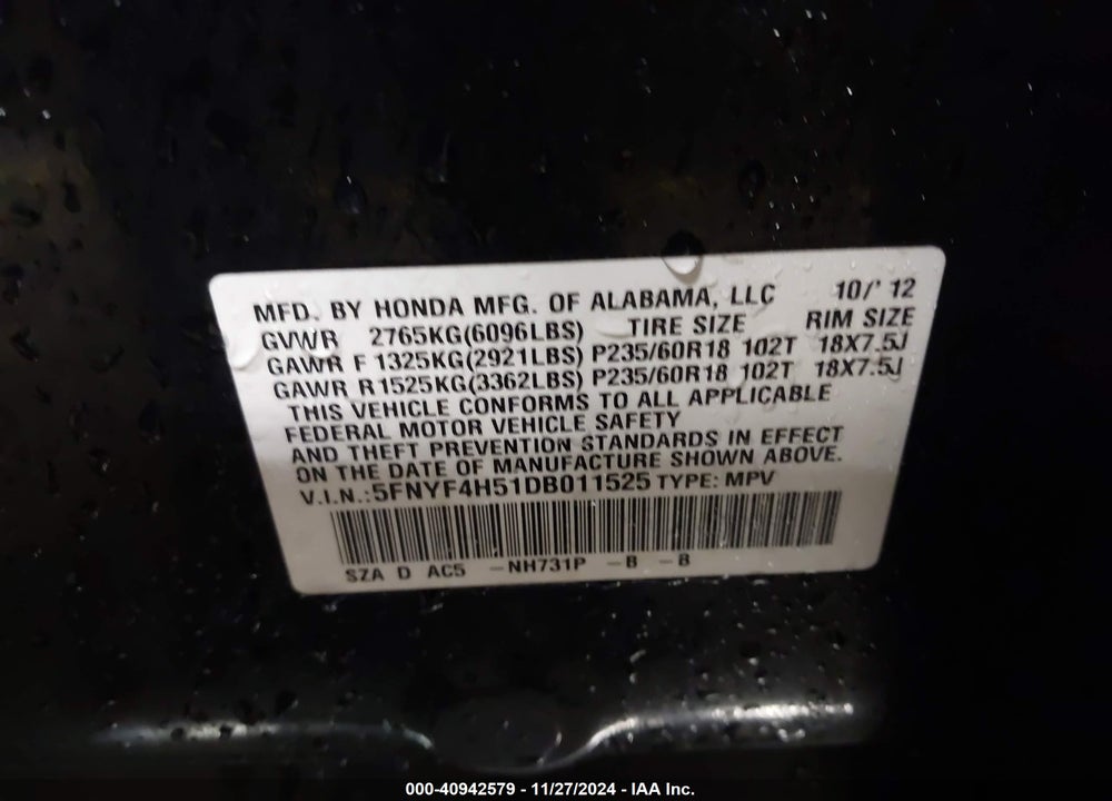 2013 HONDA PILOT EX-L VIN: 5FNYF4H51DB011525