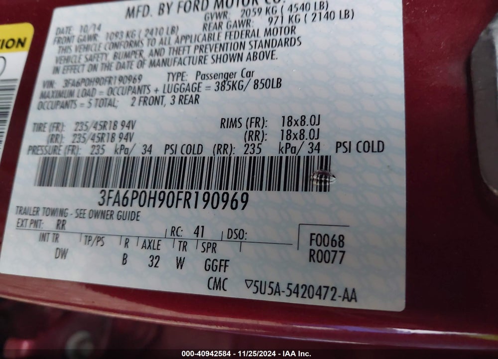 2015 FORD FUSION SE VIN: 3FA6P0H90FR190969