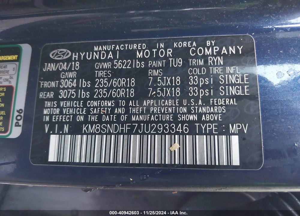 2018 HYUNDAI SANTA FE SE VIN: KM8SNDHF7JU293346