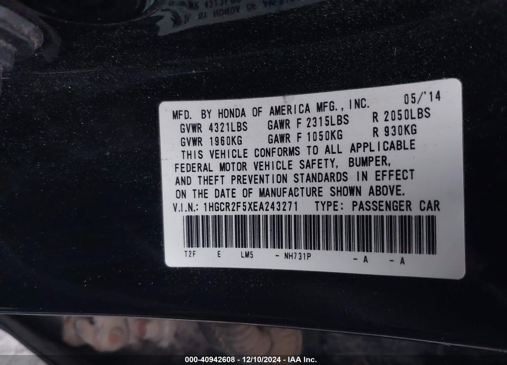2014 HONDA ACCORD SPORT VIN: 1HGCR2F5XEA243271