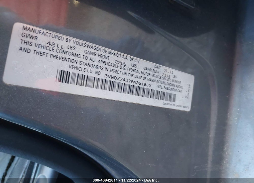 2011 VOLKSWAGEN JETTA 2.5L SE VIN: 3VWDX7AJ7BM351630