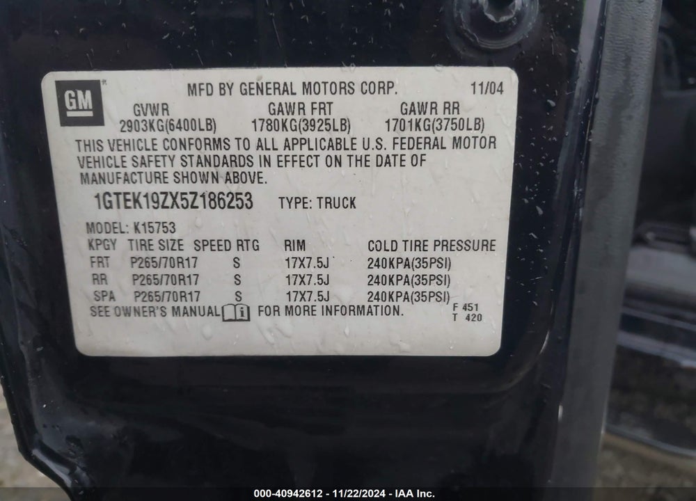 2005 GMC SIERRA 1500 SLT VIN: 1GTEK19ZX5Z186253
