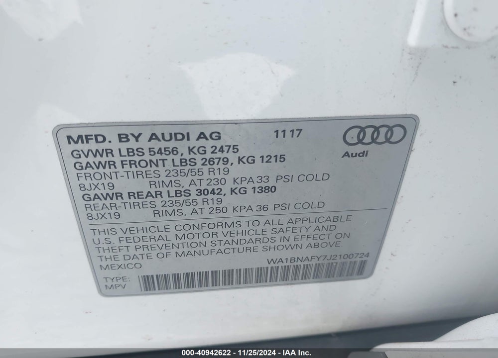 2018 AUDI Q5 2.0T PREMIUM/2.0T TECH PREMIUM VIN: WA1BNAFY7J2100724