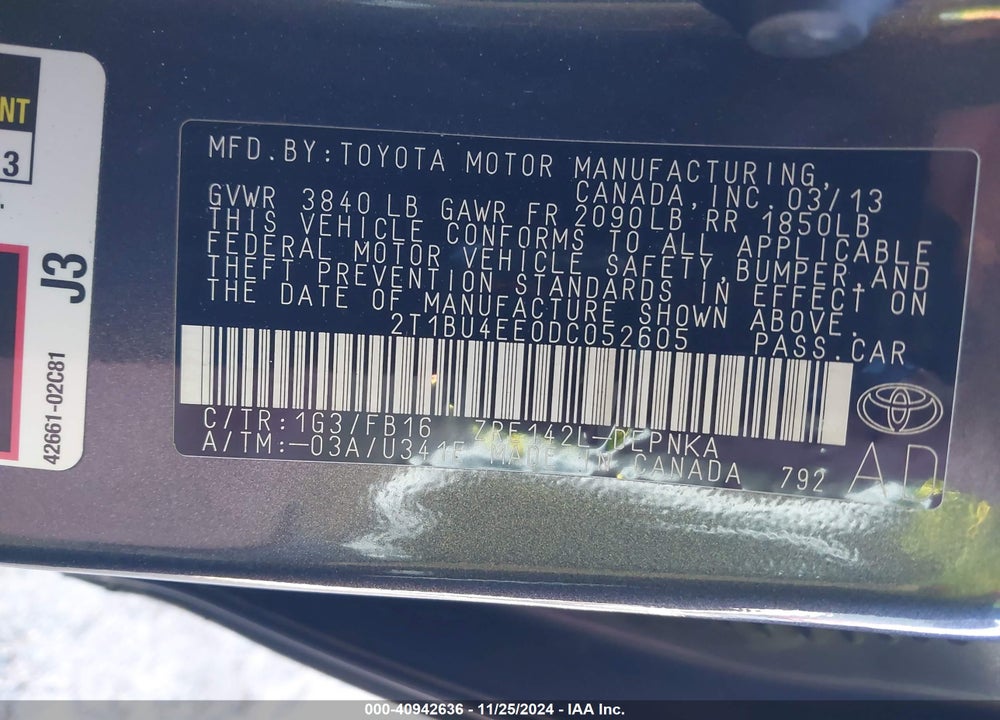 2013 TOYOTA COROLLA S/LE VIN: 2T1BU4EE0DC052605