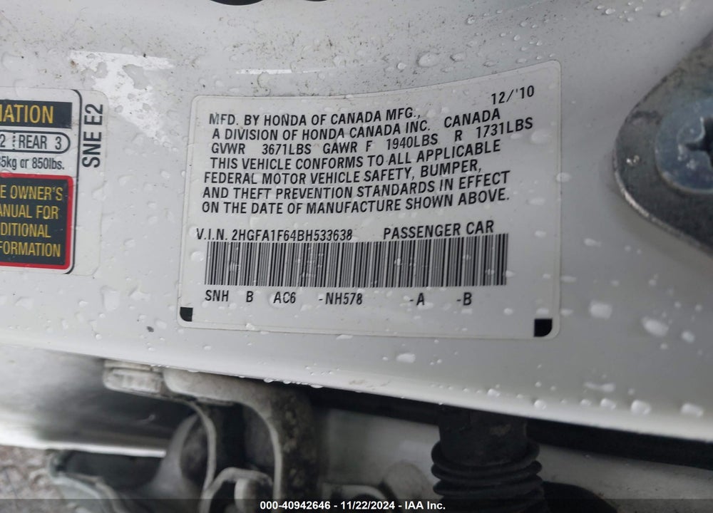 2011 HONDA CIVIC LX-S VIN: 2HGFA1F64BH533638