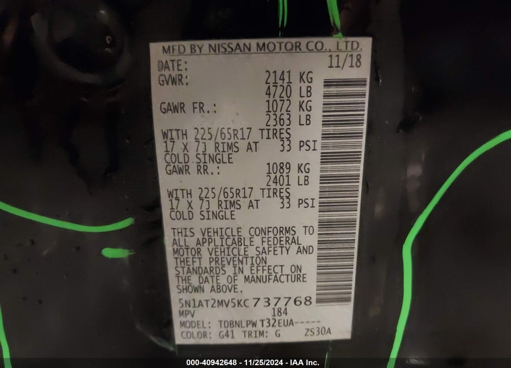 2019 NISSAN ROGUE S VIN: 5N1AT2MV5KC737768