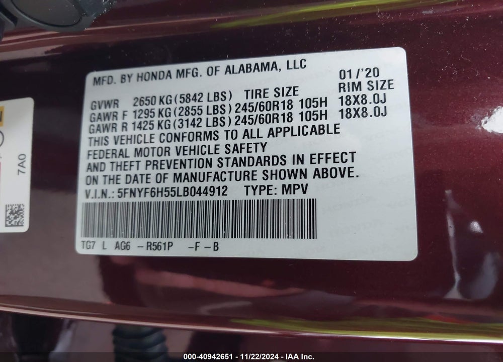 2020 HONDA PILOT AWD EX-L VIN: 5FNYF6H55LB044912