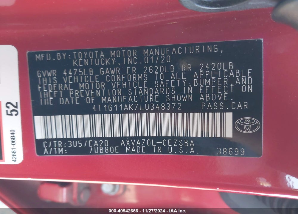 2020 TOYOTA CAMRY VIN: 4T1G11AK7LU348372