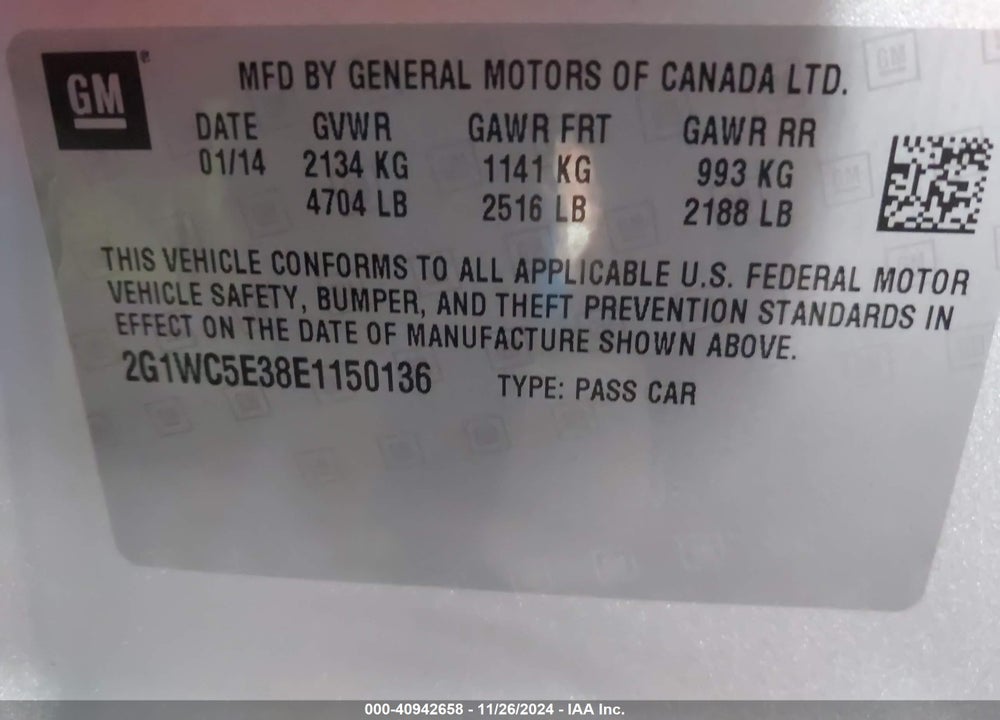2014 CHEVROLET IMPALA LIMITED LTZ VIN: 2G1WC5E38E1150136