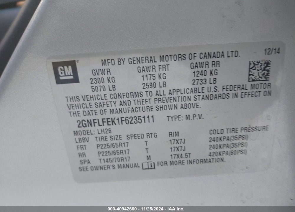 2015 CHEVROLET EQUINOX 1LT VIN: 2GNFLFEK1F6235111
