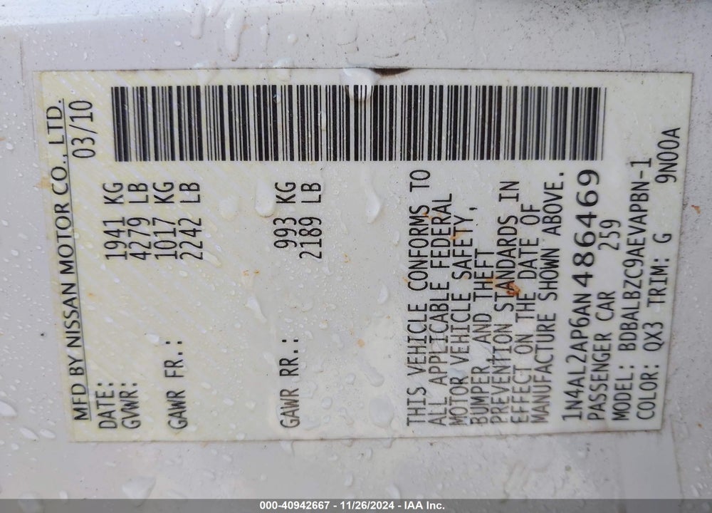 2010 NISSAN ALTIMA 2.5 S VIN: 1N4AL2AP6AN486469