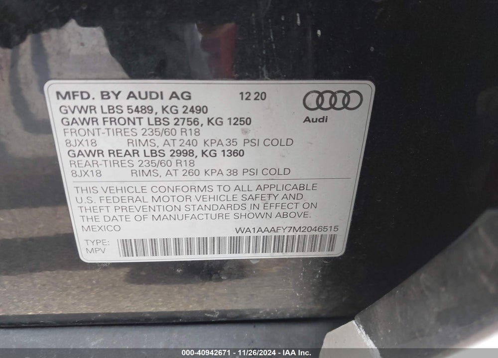 2021 AUDI Q5 PREMIUM 45 TFSI QUATTRO S TRONIC VIN: WA1AAAFY7M2046515