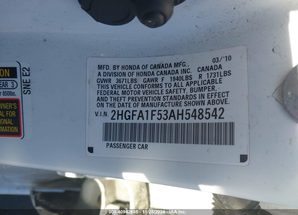 2010 HONDA CIVIC LX VIN: 2HGFA1F53AH548542