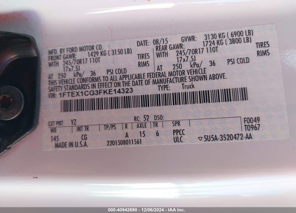 2015 FORD F-150 VIN: 1FTEX1CG3FKE14323