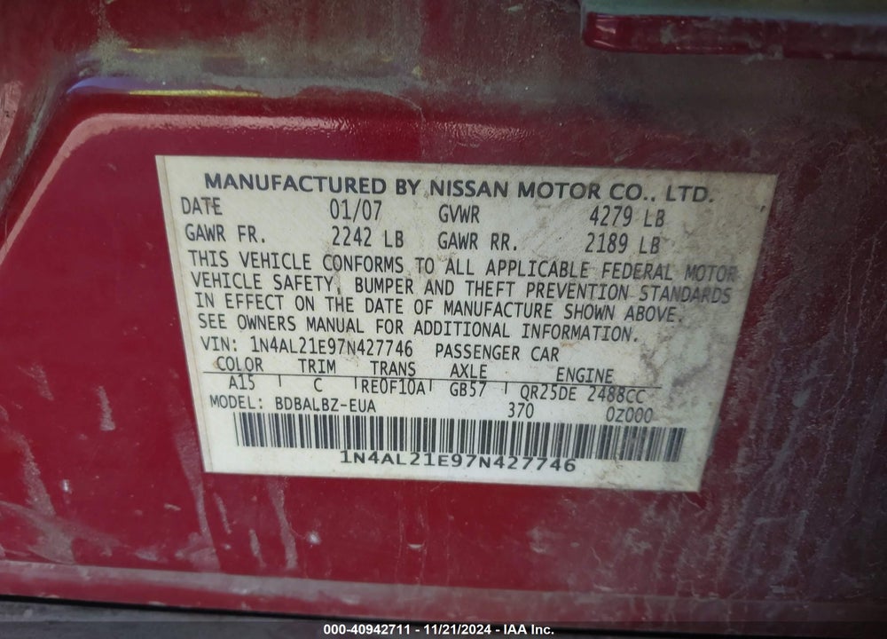 2007 NISSAN ALTIMA 2.5 S VIN: 1N4AL21E97N427746