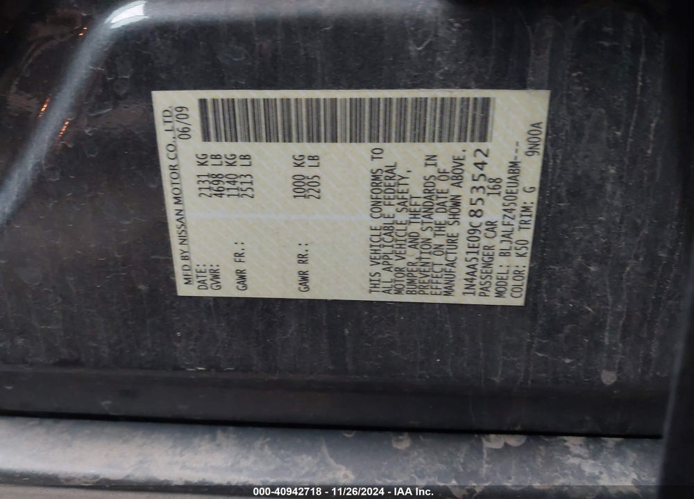 2009 NISSAN MAXIMA 3.5 SV VIN: 1N4AA51E09C853542