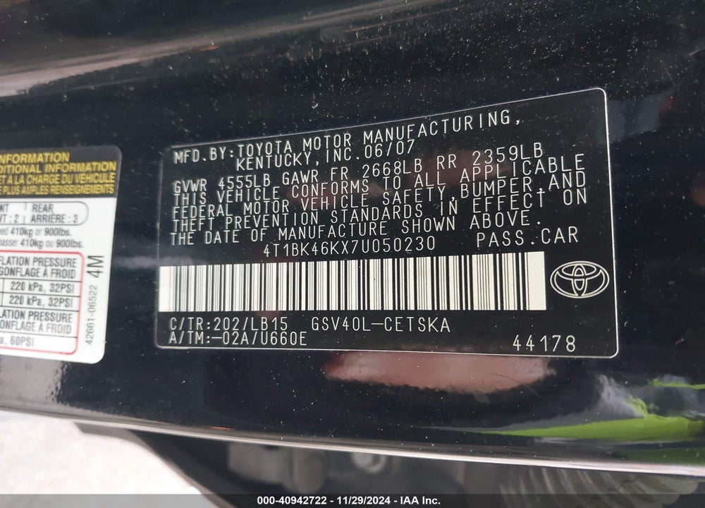 2007 TOYOTA CAMRY SE V6 VIN: 4T1BK46KX7U050230
