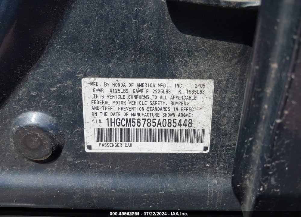 2005 HONDA ACCORD 2.4 EX VIN: 1HGCM56785A085448